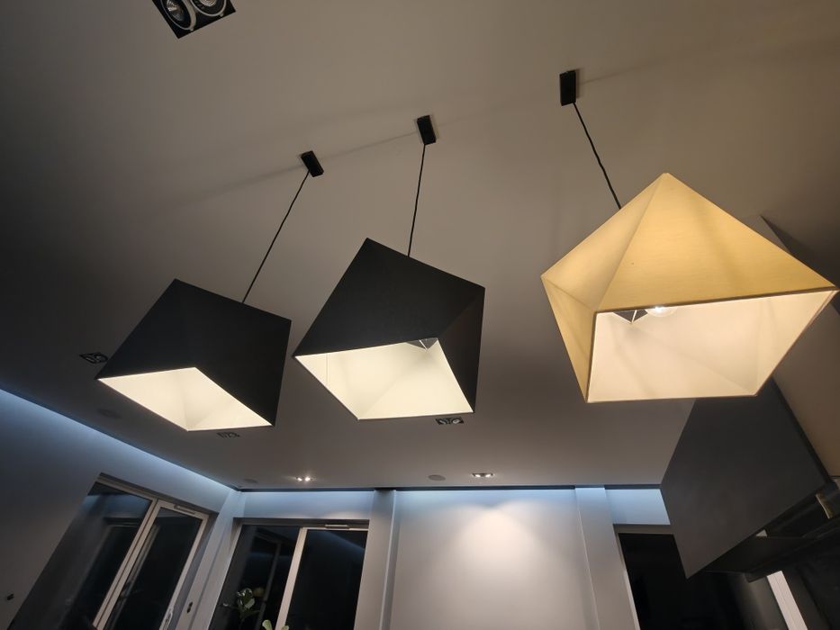 Zestaw 3 Designerskich Lamp Wiszących / Styl Loft / Geometryczne / Czarne i Kremowe