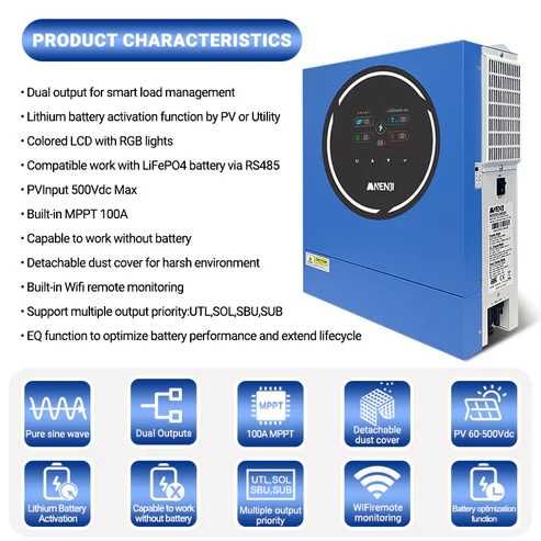 Гібридний Сонячний Інвертор ANENJI 4200W 24V - нова модель! Wi-Fi