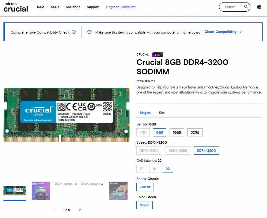 RAM Crucial 8GB DDR4-3200 SODIMM 1.2V CL22