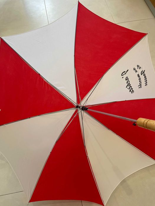 Guarda-chuva vermelho/branco logótipo "J'achète au marché de Gonesse"