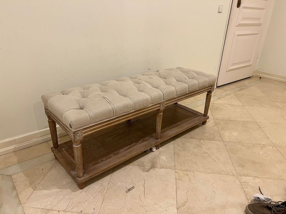 Rustic Upholstered Wooden Entryway Bench with Storage Shelf