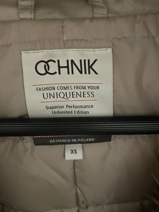 Parka plaszcz z kapturem puchowa beżowa lis jenot Ochnik XS/34 s/36