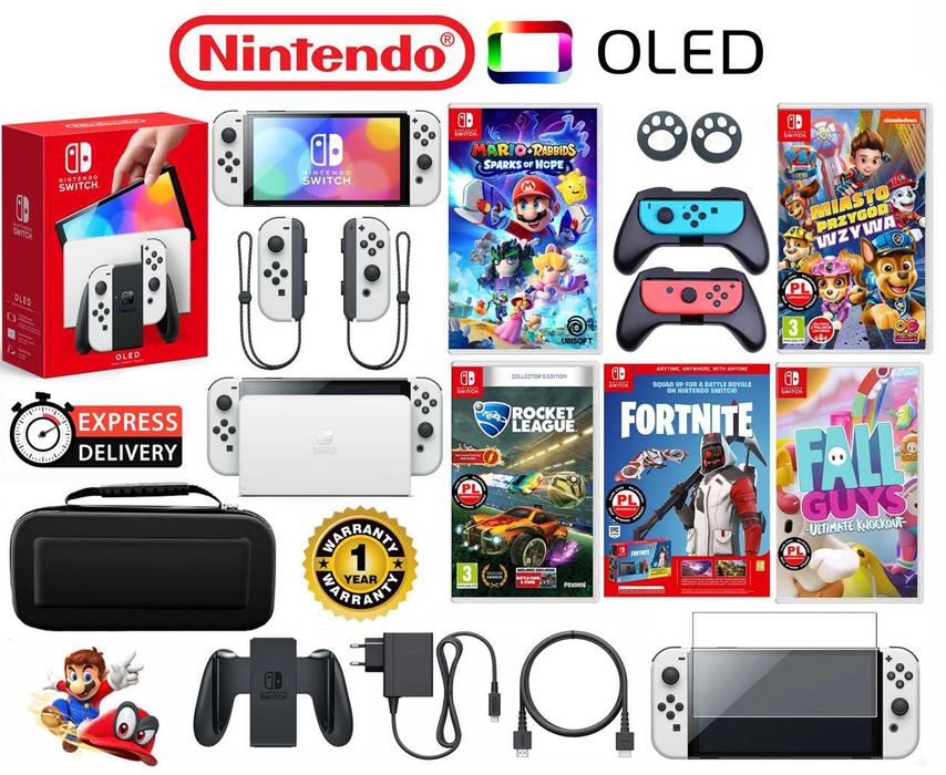 Nintendo SWITCH Oled 64GB + 4 gry + etui + 2 grip + szkło + ROK gwaran