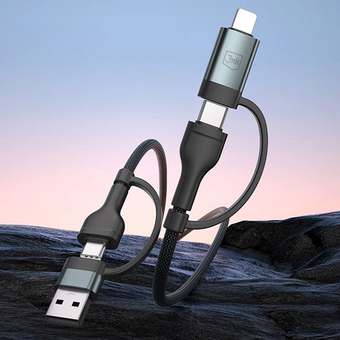 Kabel 3mk Hyper Cable N-SERIES 2 in 2 USB-A / USB-C i USB-C / Lightning 1.2m QC 3.0 9V/2A 60W - czarny