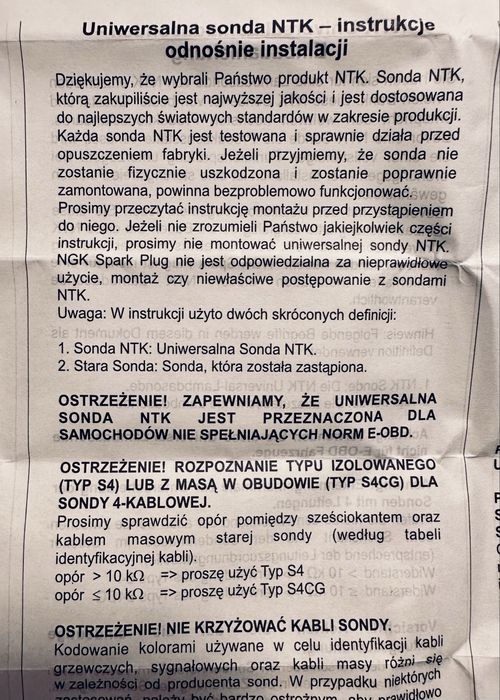 Nowa uniwersalna Sonda Lambda NTK (NGK) V-1918 – Made in Japan