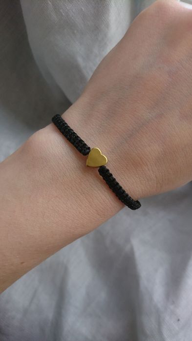 Bransoletka pleciona czarna kamień naturalny Hematyt serce złote