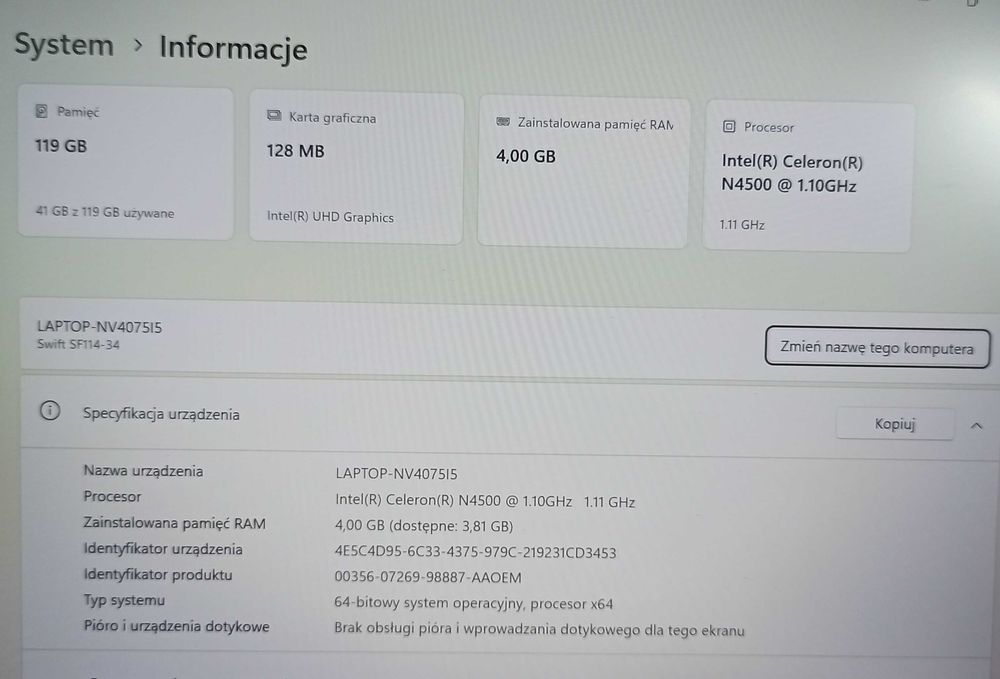 Laptop Acer Swift 1 N20h2  Nowy Lombard Raków