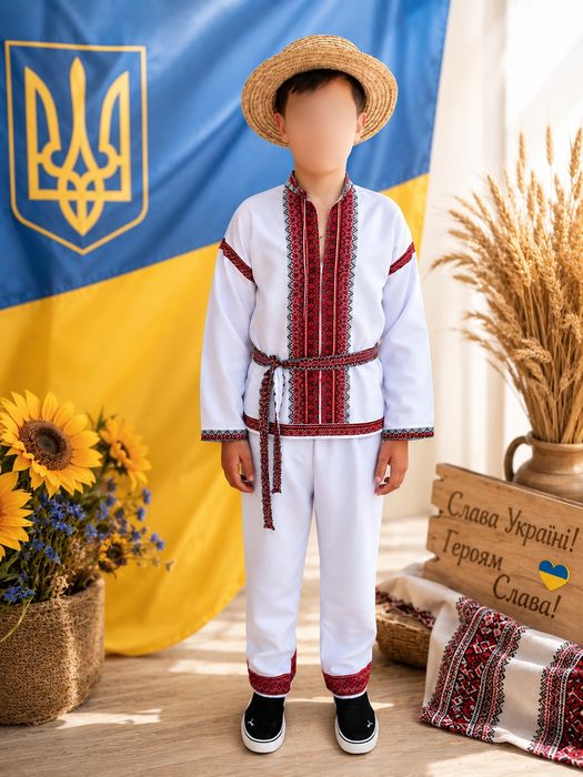 Український костюм для хлопчика вишиванка шаровари солом'яний капелюх