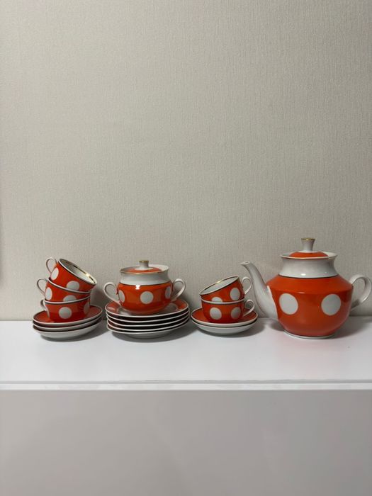 Вінтажний фарфоровий сервіз Баранівський ФЗ, СРСР, червоний у горошок