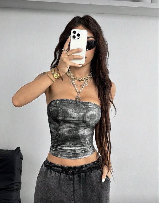 топ бандо без бретелек топик серый черный