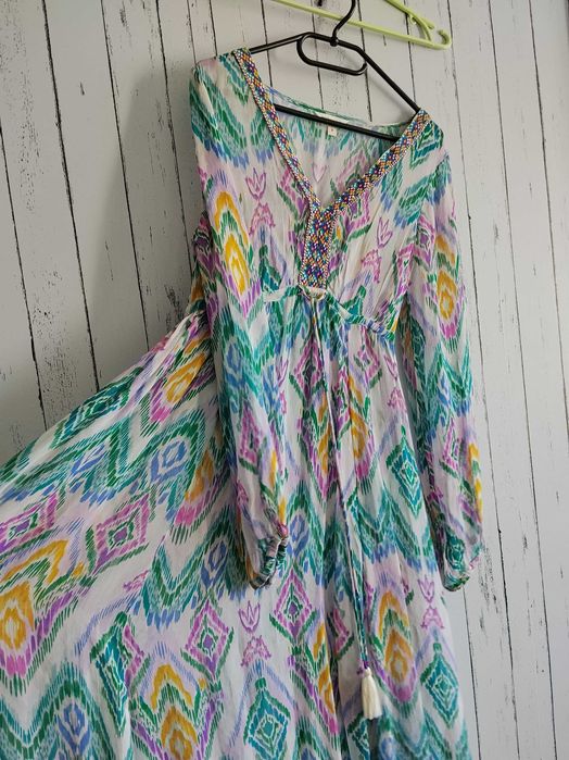 Luksusowa Sukienka Maxi Monsoon Kaftan 10 38 Wiskoza Boho Ikat
