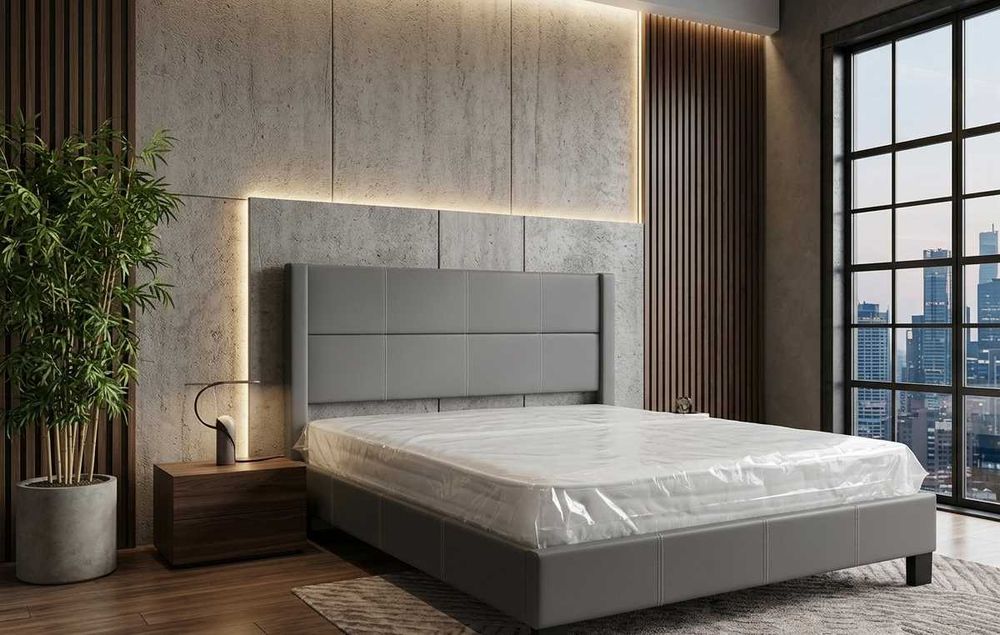 Cama com estrado de ripado e cabeceira em   pele cinzenta.