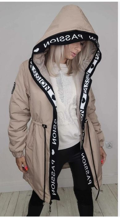 Kurtka parka beżowa kaptur ML