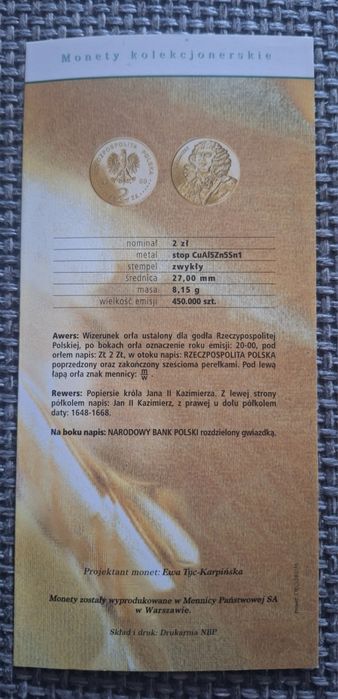 Folder emisyjny: Jan II Kazimierz - moneta z 2000 roku