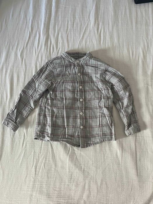 Camisa Gocco aos quadrados cinzenta e rosa, gola mao, 2-3 anos