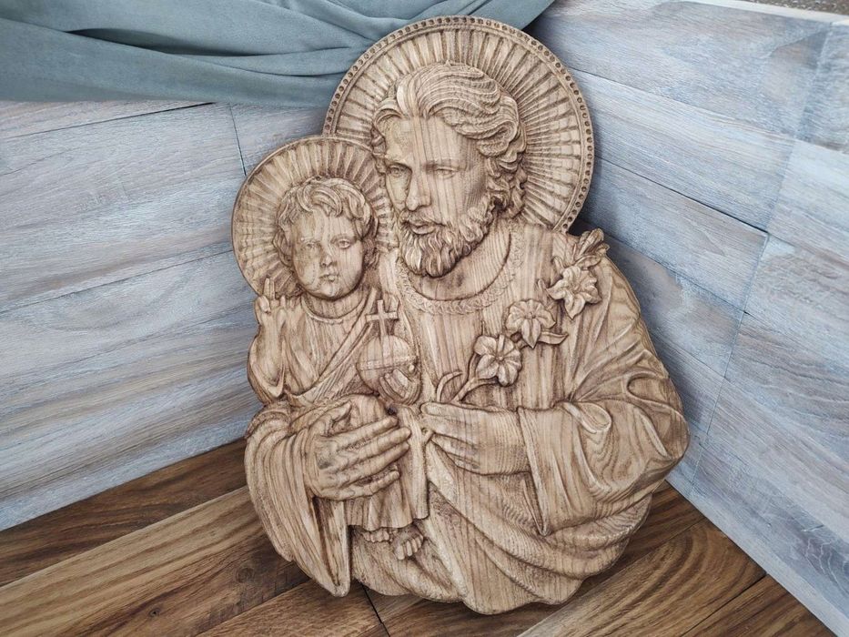 Płaskorzeźba drewniana na prezent obraz na ściane Święty Józef 30 cm