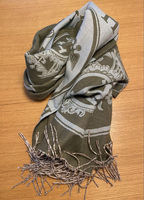 Piękny duży szal khaki + jasny niebieski / błękit wiskoza wełna