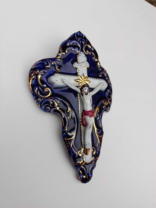 Crucifixo Cristo Porcelana Policromada 22 cm Antigo Marcado
