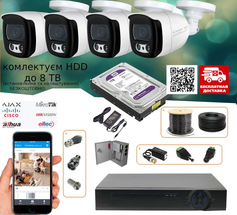Новинка!!! Видеонаблюдения на 4 камеры Full HD 2 mPix в цвете 24/7