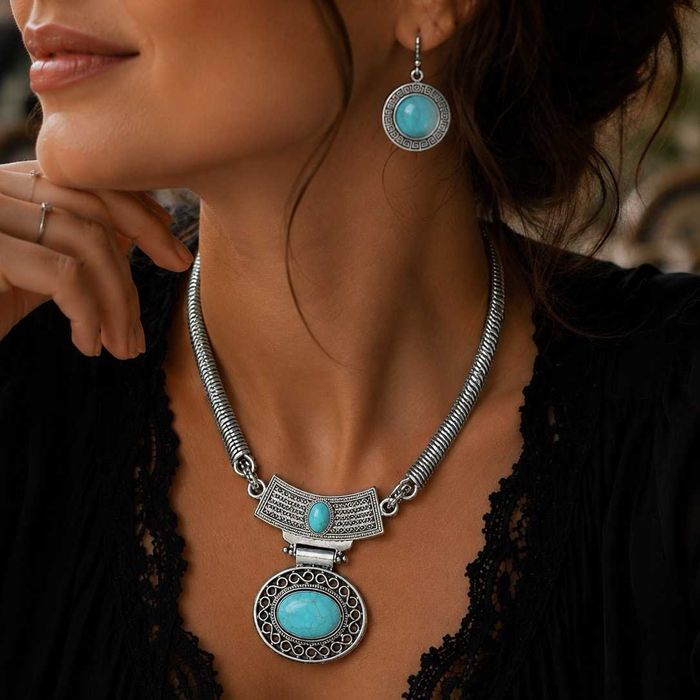 Turkusowa Elegancja w Stylu Boho Vintage, wspaniały srebrny komplet naszyjnika i kolczyków