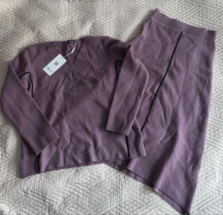 Nowy dzianinowy komplet spódnica midi sweterek Minouu wrzosowy