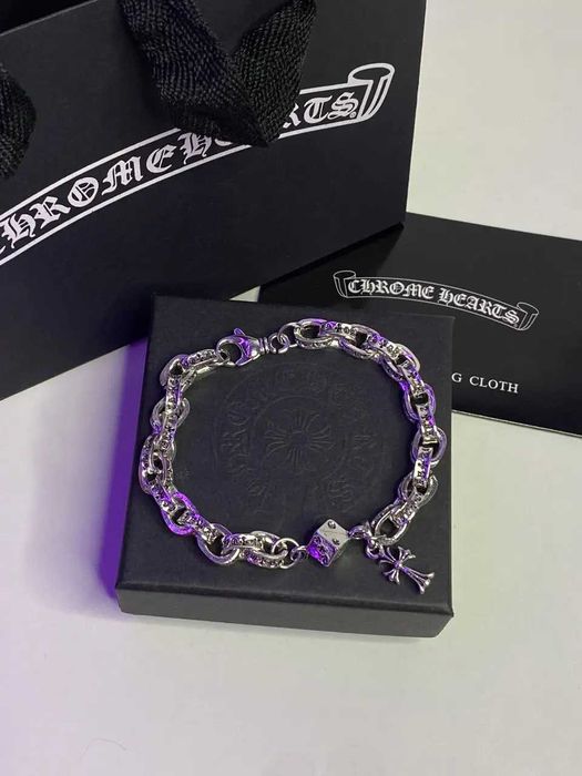 Чоловічий браслет Chrome Hearts Dice & Cross (Срібло) з підвісками: Кубик та Хрест, повний комплект