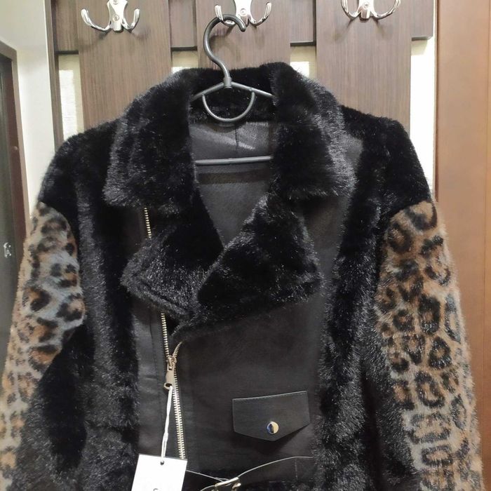 Пуховик дубленка шубка еко норка з леопардовими вставками р. S