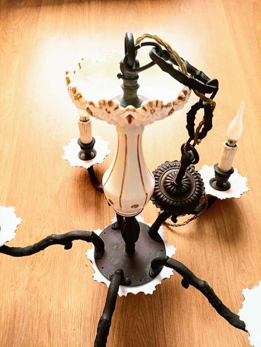 Candeeiro vintage de teto 5 lumes bronze latão e vidro leitoso