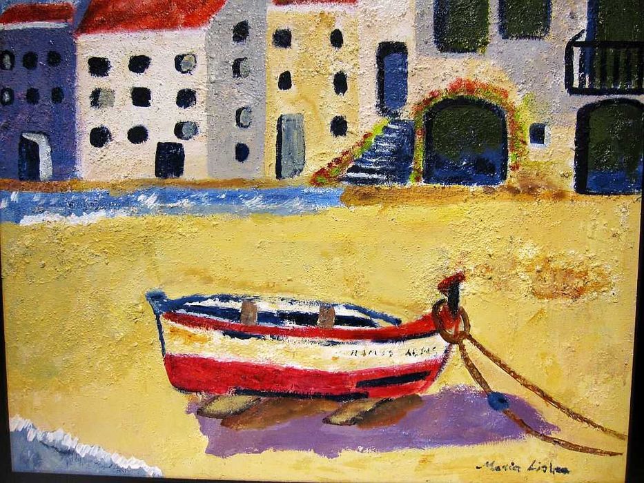 paisagem com barco - pintura em óleo com areia - assinada MARIA LISBOA