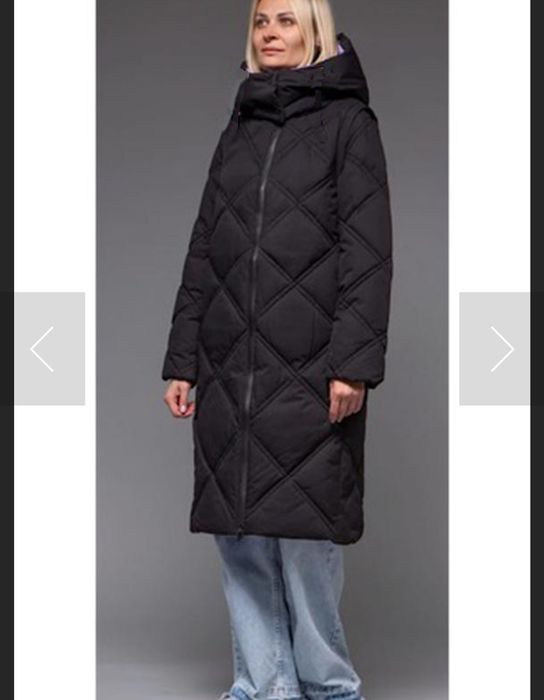 Длинный черный женский стеганый пуховик с объемным капюшоном M - L