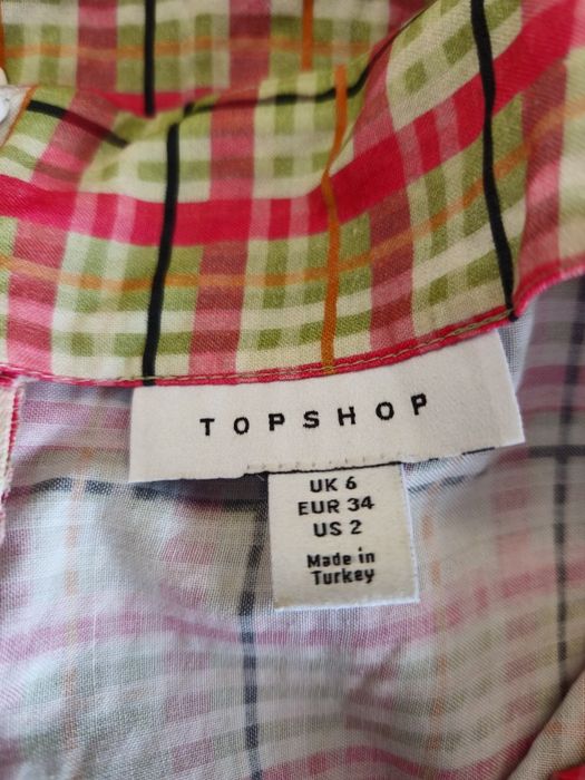 Sukienka mini TOPSHOP kratka neonowy róż bufki karo XS 34