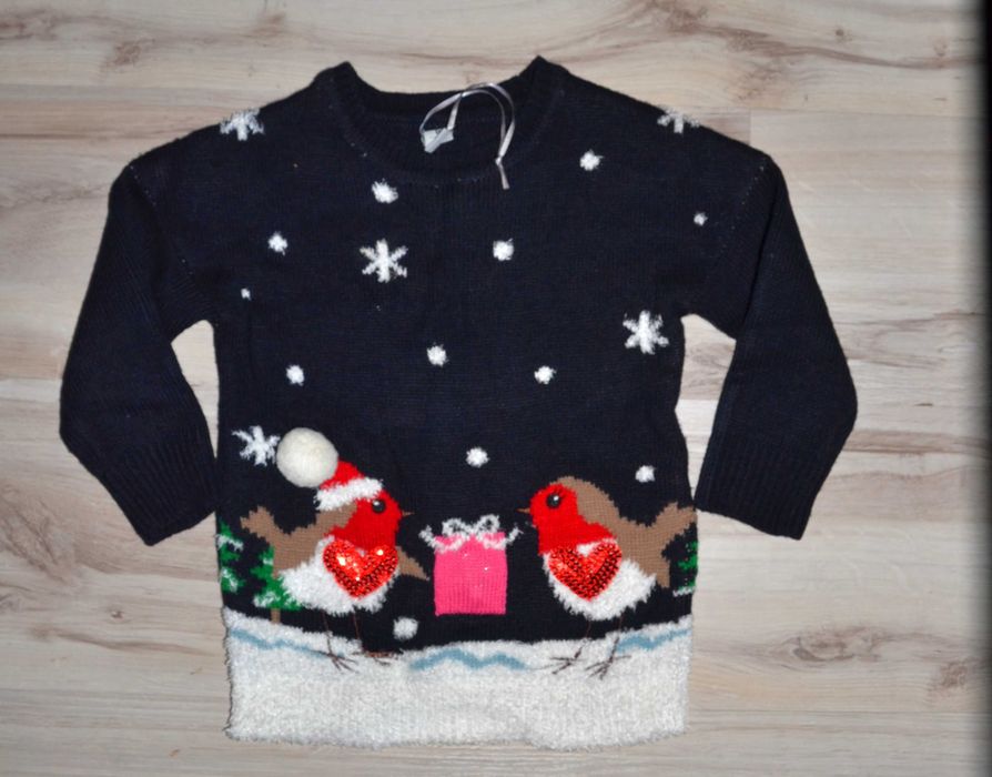 34* TU Świąteczny sweter ptaszki cekiny  3/4 lat_98/104 cm