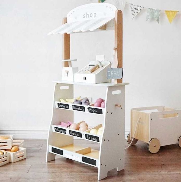 Nowy sklepik dla dzieci drewniany warzywniak stragan z wózkiem