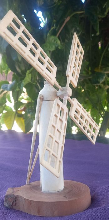 Antigo moinho de vento em osso e base de madeira maciça 12cm×9cm ,altu