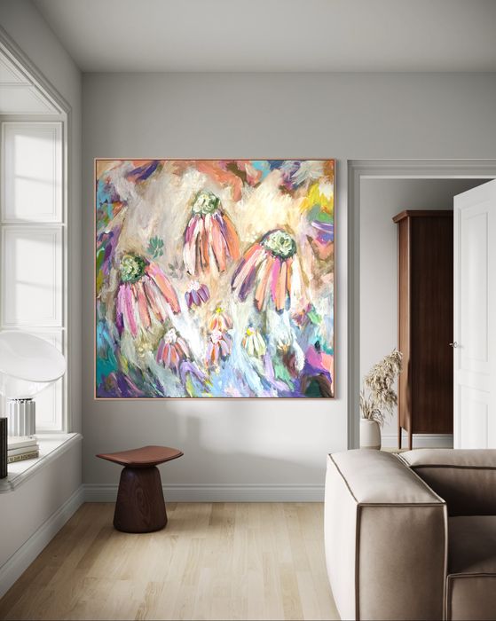 Obraz abstrakcyjny malowany ręcznie na płótnie 100x100 cm, kwiaty