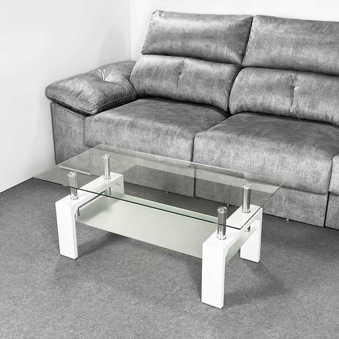 Mesa de centro de vidro 110 x 45 x 55 cm [BRANCO ou MADEIRA] - NOVO