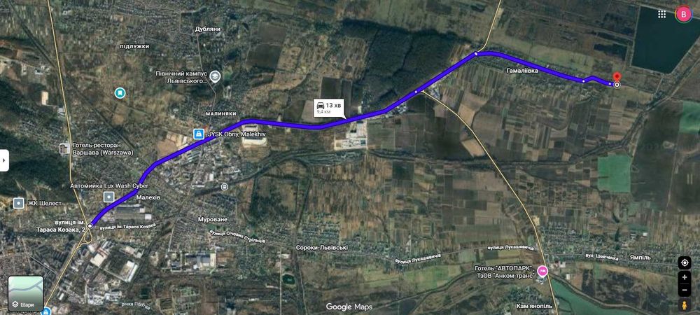 Продається земельна ділянка  9 км від Галицького перехрестя   Адреса: Львівська область, Пустомитівський район, с.Гамаліївка, вулиця Пайова, 12