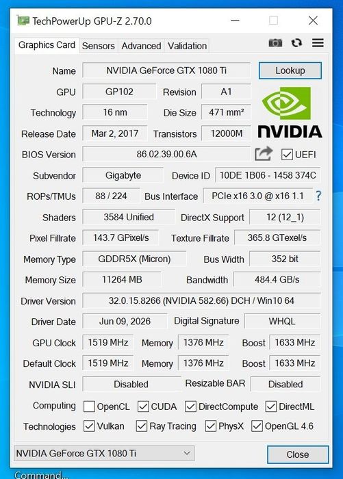 Gigabyte GeForce GTX 1080Ti Gaming OC 11G