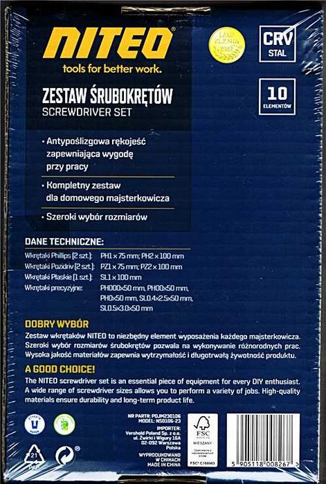 ZESTAW ŚRUBOKRETÓW NITEO CRV Stal 10 elementów niezbędne w każdym domu