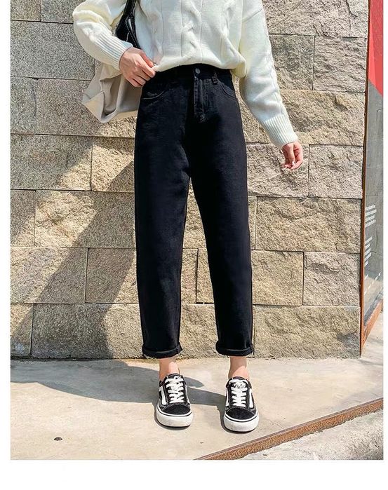 Утепленные черные джинсы с высокой талией