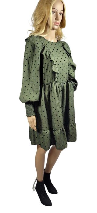 Nowa sukienka khaki 38,M Primark wzór kropki groszki falbany bufki