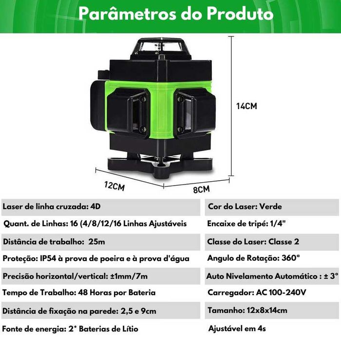 Nível Laser com 16/12/8/4 Linhas 360º c/ mala de transporte 2 Baterias