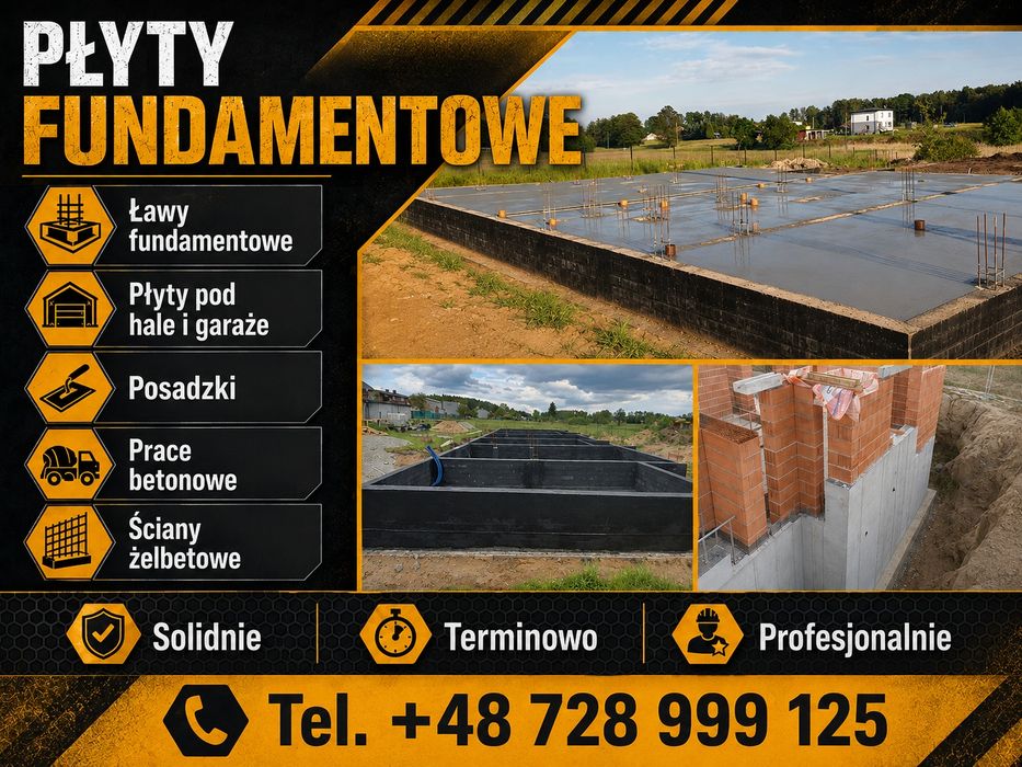 Płyty fundamentowe | Ławy fundamentowe | Ściany żelbetowe | Posadzki przemysłowe | Beton