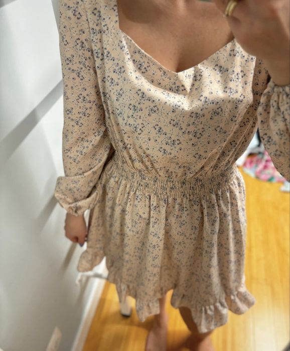 Sukienka nude boho kwiaty jesień s 36 modna