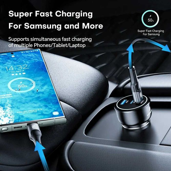 Потужна Автомобільна зарядка ASOMETECH 138W USB Type C GaN iPhone