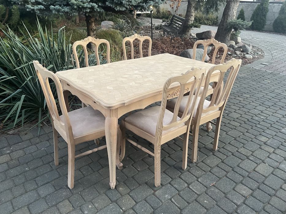 Stół 6 krzeseł w stylu ludwikowskim oczyszczone dąb stan surowy