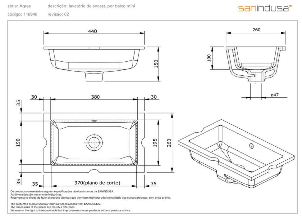 Lavatório de encastrar, Sanindusa.