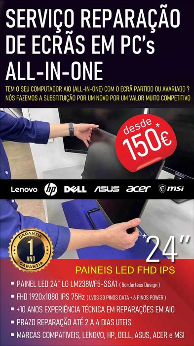 Reparação de Computadores AIO Ecrã Partidos, 24" FHD IPS (NOVO)