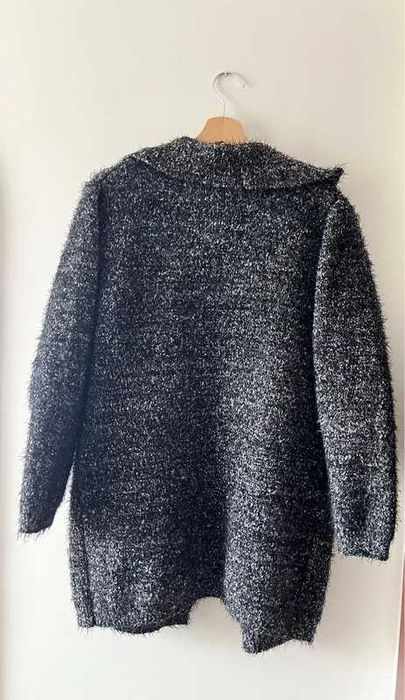Czarny biały gruby włochaty sweter kardigan damski TU XXL 44