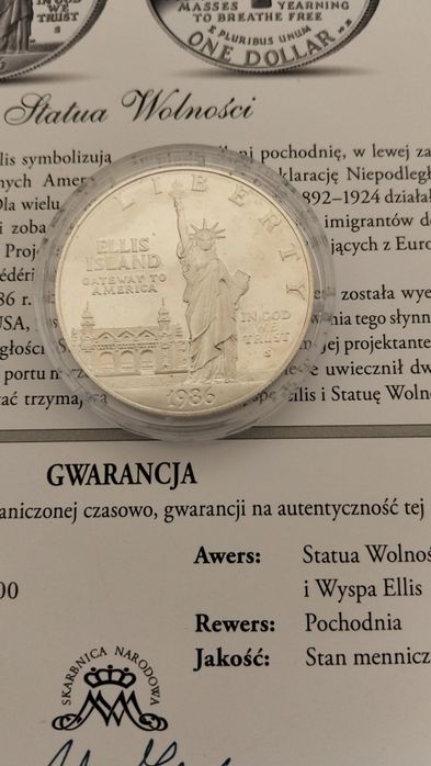 USA 1 Dolar 1986 r Statua Wolności srebro z certyfikatem